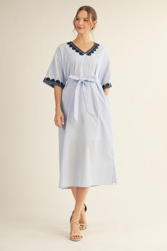 Embroidery Accent Stripe Midi Dress