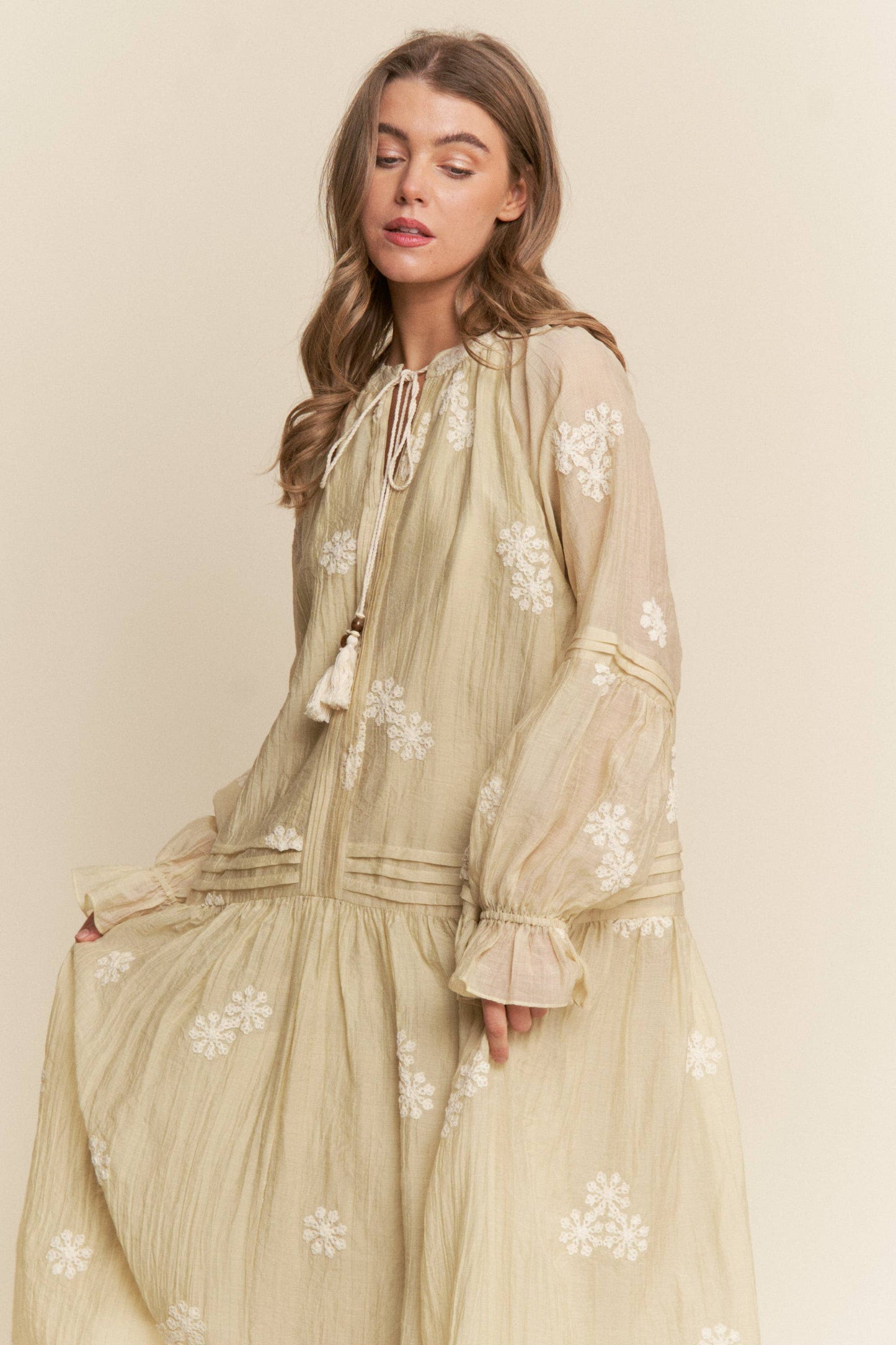 Embroidered Long Sleeve Light Weight Maxi