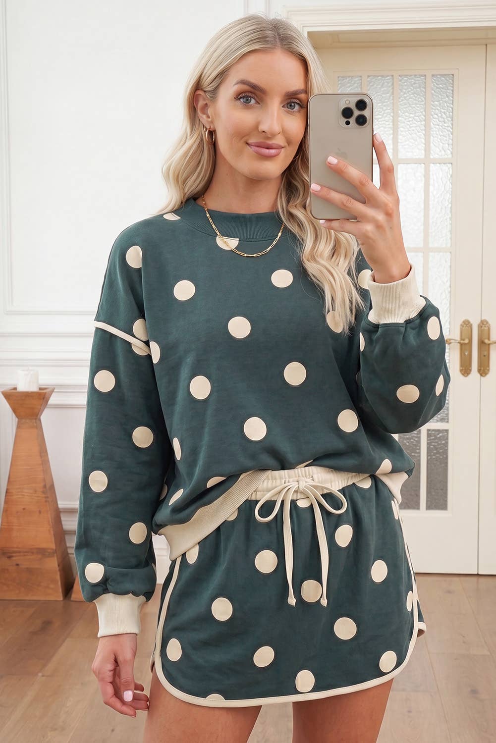 Polka Dot Long Sleeve Top and Skirt Lounge Set