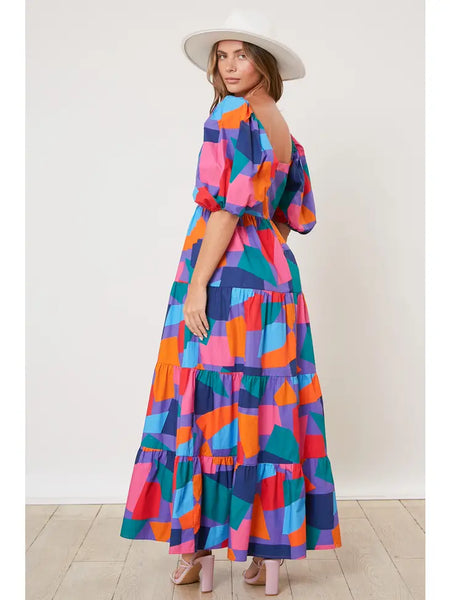 Multicolor Geo Print Tiered Maxi Dress