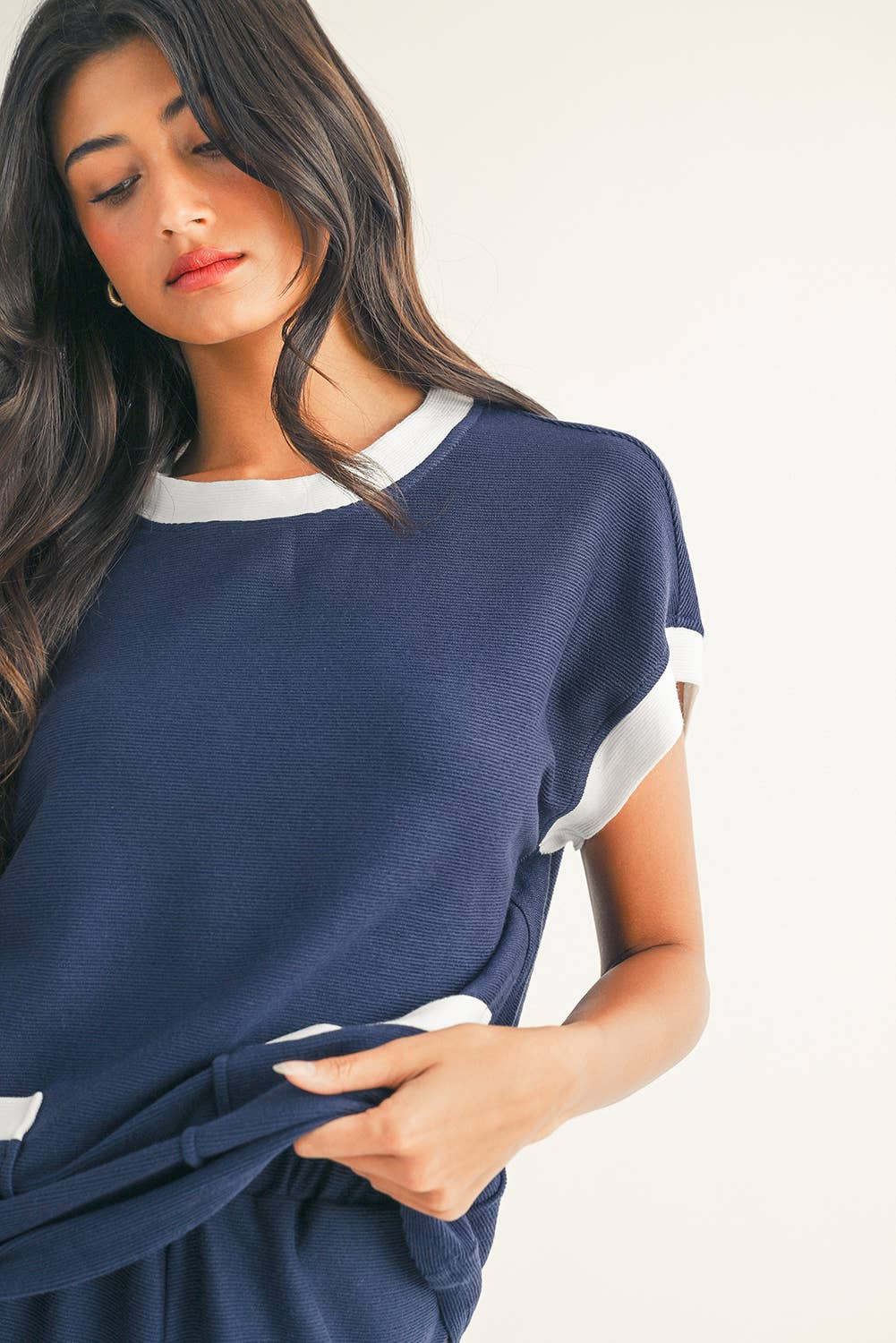 Color Block Pocketed T Shirt and Wide Leg Pants Set