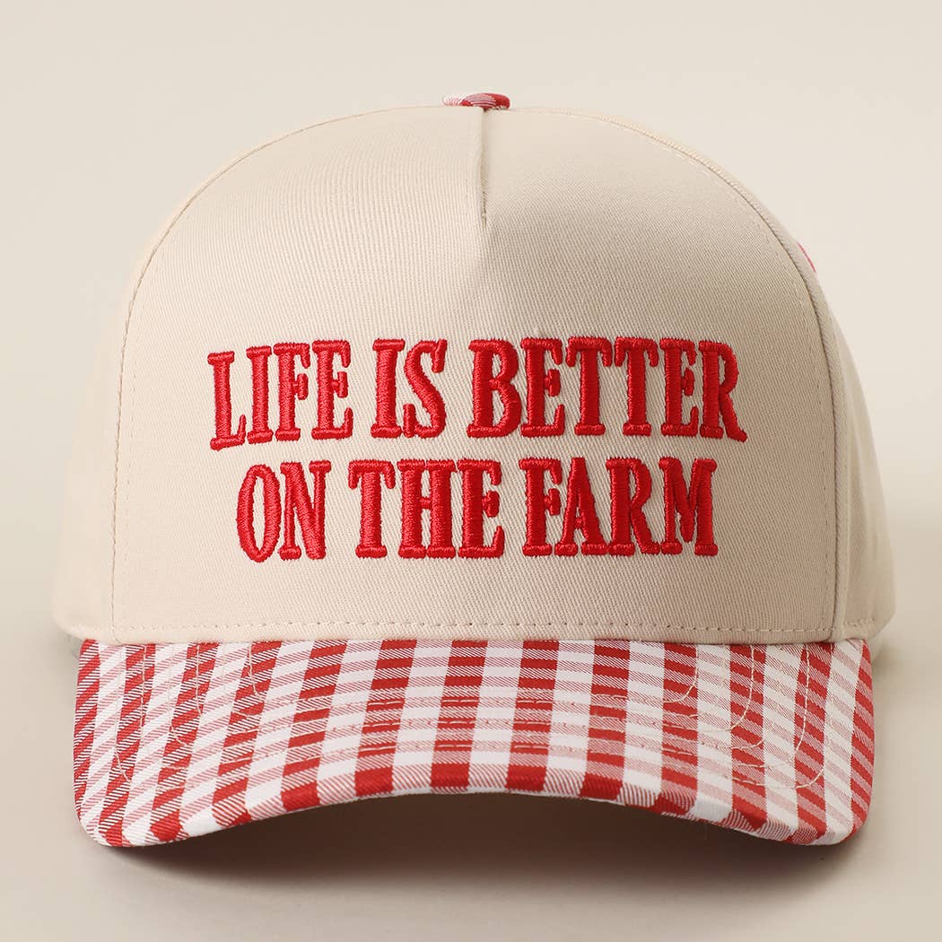 LIFE IS BETTER ON THE FARM 3D Embroidered Gingham Hat: RED / ONE SIZE