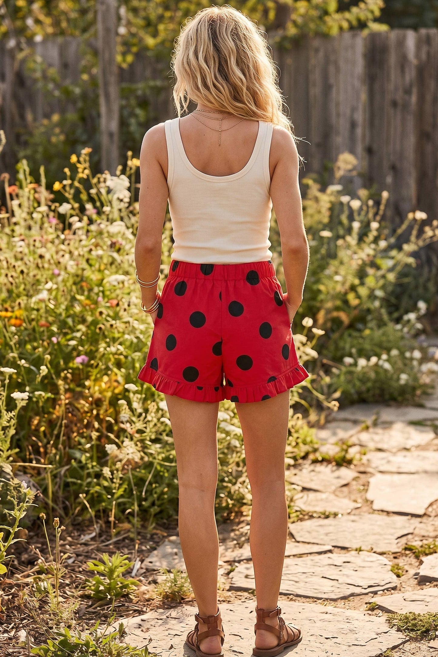 Gameday Ruffle Hem Polka Dot Poplin Shorts: RED/BLACK / L