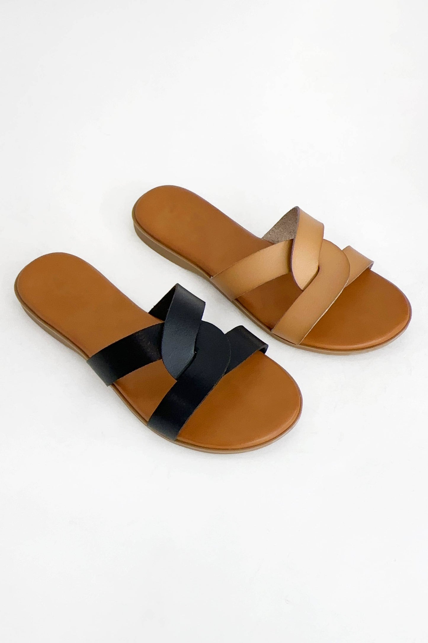 AMPLE TWISTED STRAP UPPER DESIGN SLIP-ON STYLE SANDAL: TAUPE