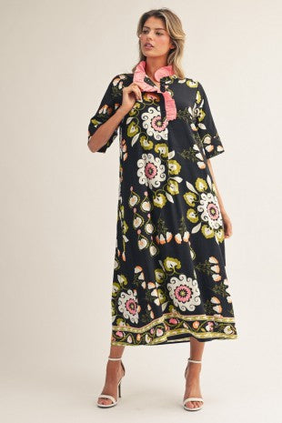 Ruffled High Neck Boho Floral Midi Dress