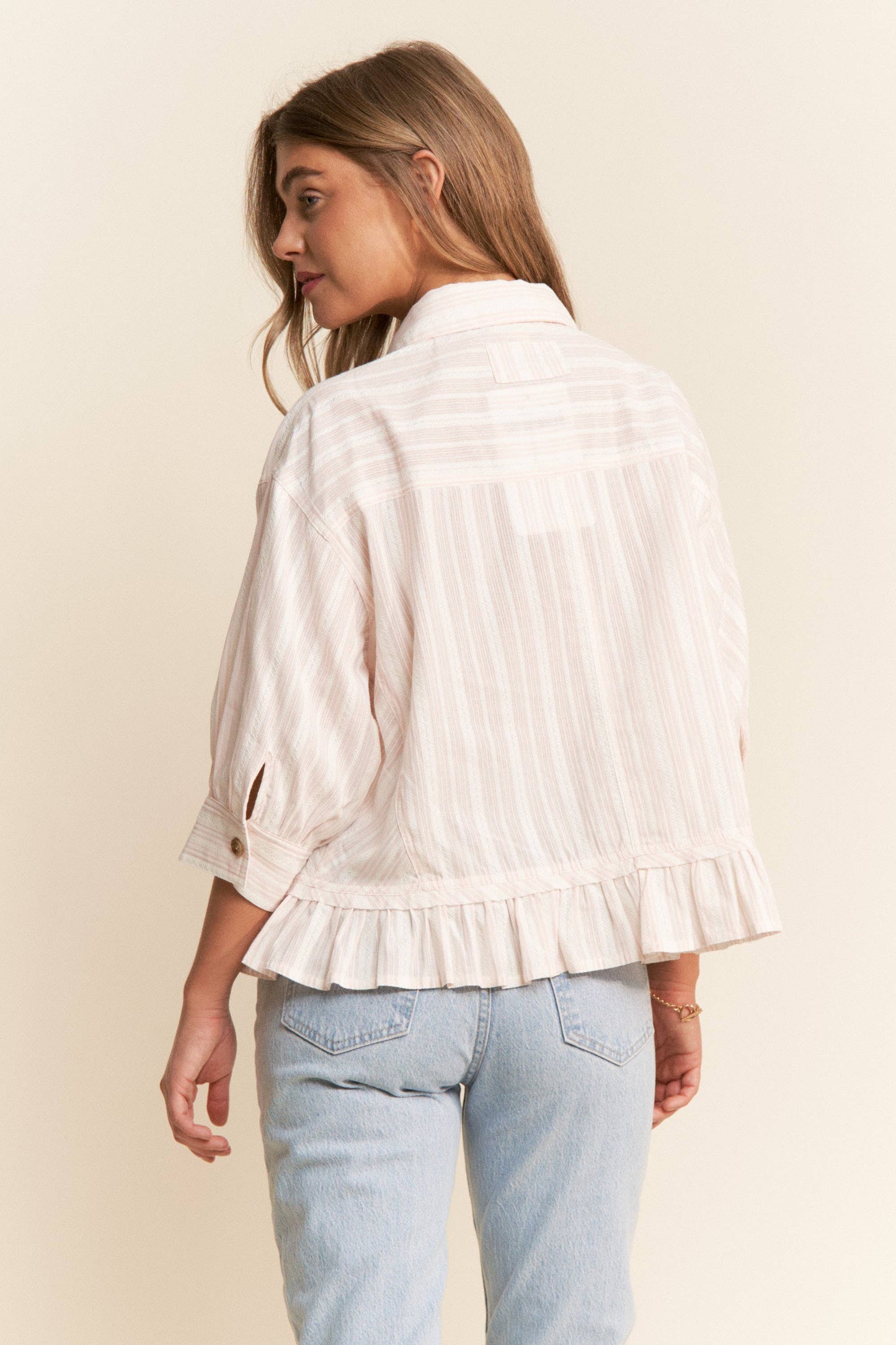Stripe Jacquard Button Up Pleated Top
