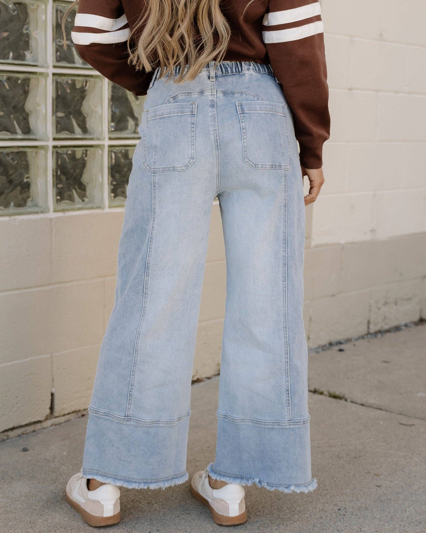 Beau Blue Wide Leg Jeans Drawstring Waist Jeans Raw Hem