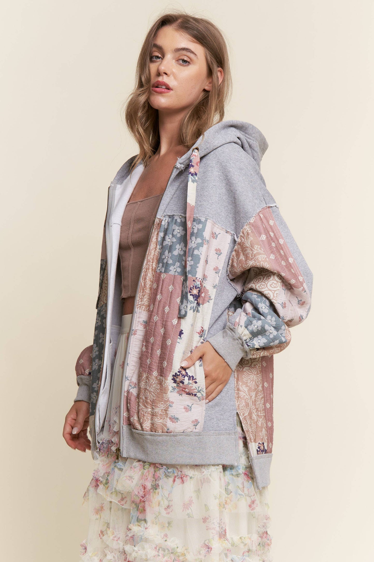 Multi Pattern Patchwork Zipper Hoodie
