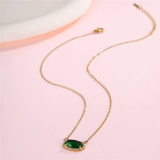 OVAL GEMSTONE CHARM PENDANT NECKLACE | EMERALD
