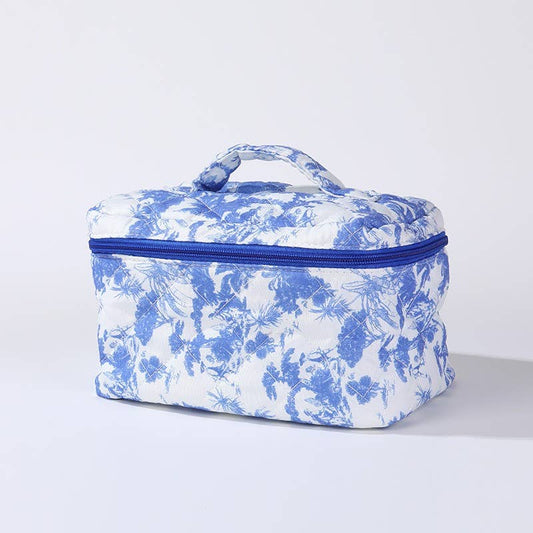 FLORAL QUILTED MAKEUP COSMETIC POUCH BAG: Blue