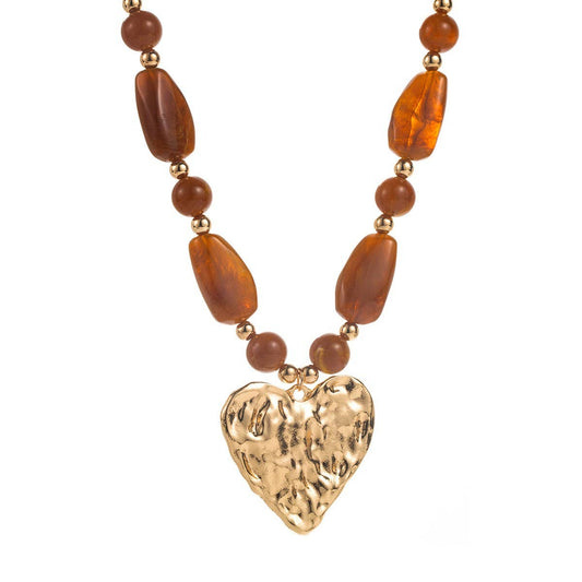 Hammered Heart Pendant Resin Beaded Necklaces | Brown