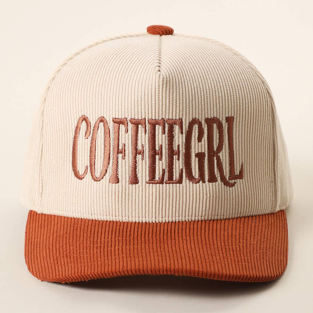 COFFEE GIRL Embroidered Two-Tone Corduroy Trucker Hat