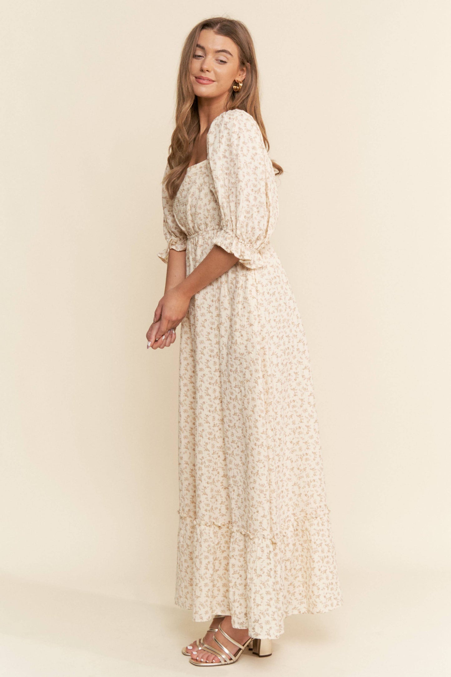 FLORAL PRINT MAXI DRESS: Neutral