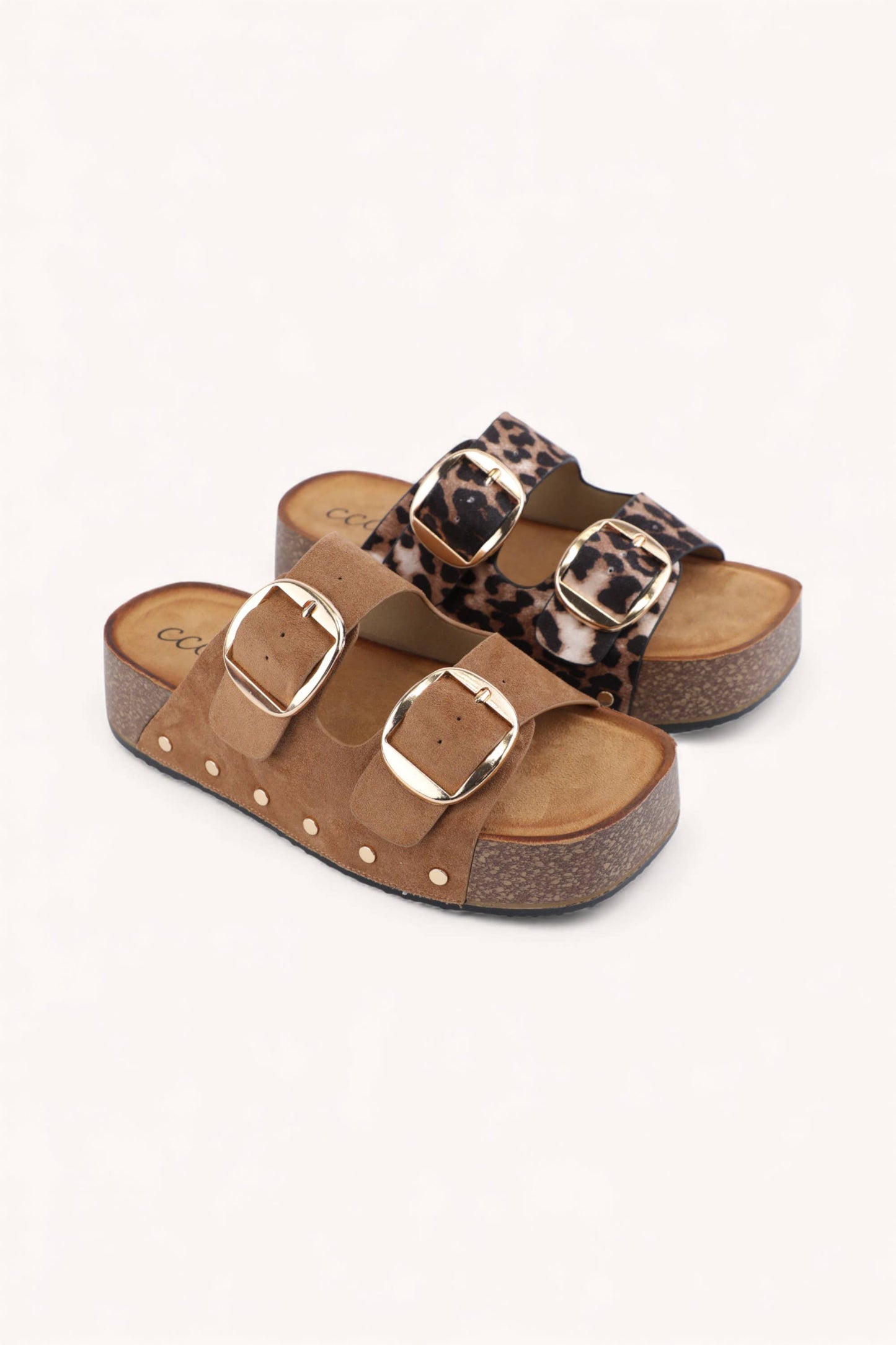 NANCY DOUBLE STRAPS WITH BOLD METAL BUCKLES PLATFORM SANDAL: CAMEL