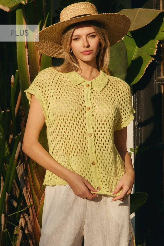 Plus Open-knit Short-sleeve Cardigan: Key Lime