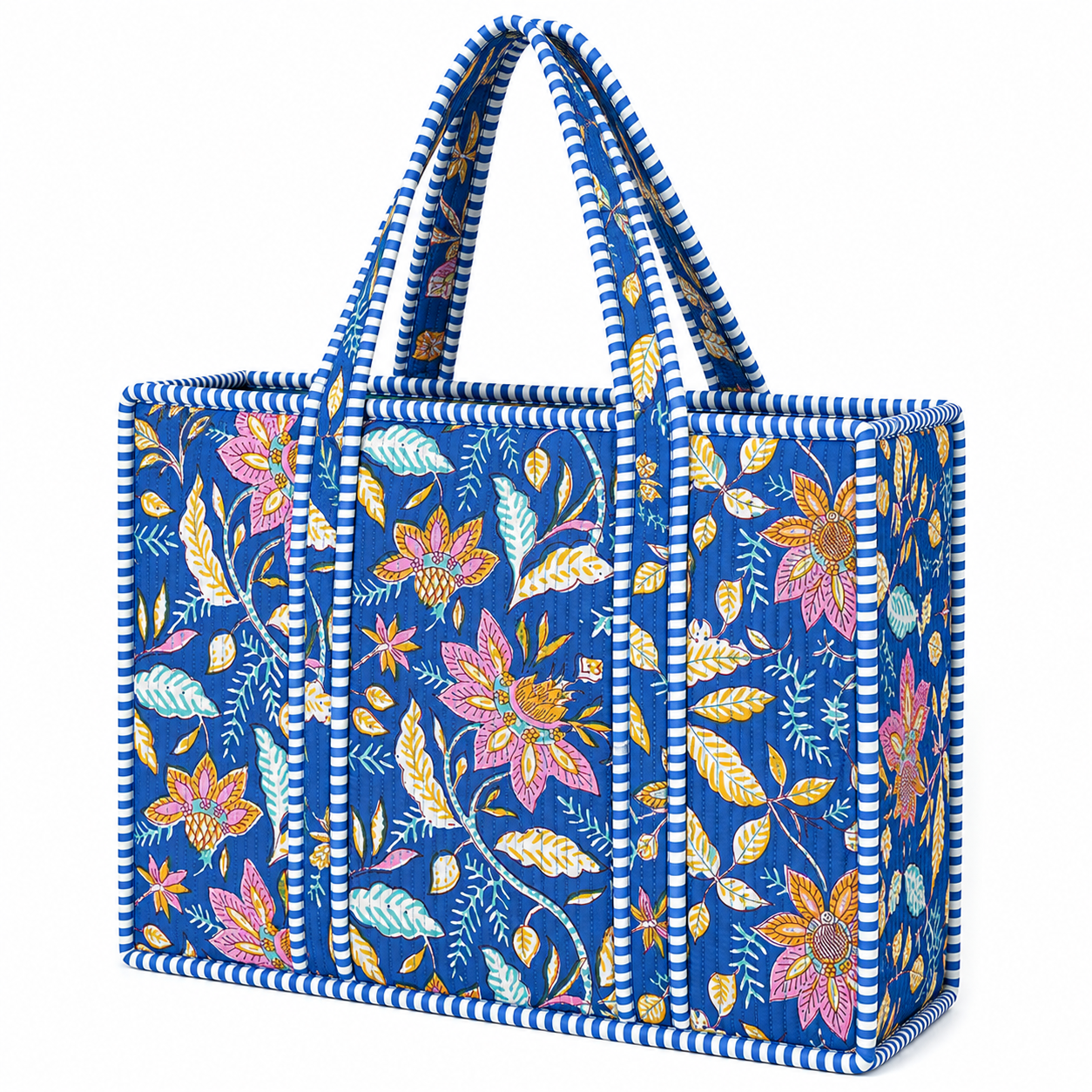 Blue Floral Quilted Bag Print: Large Tote
