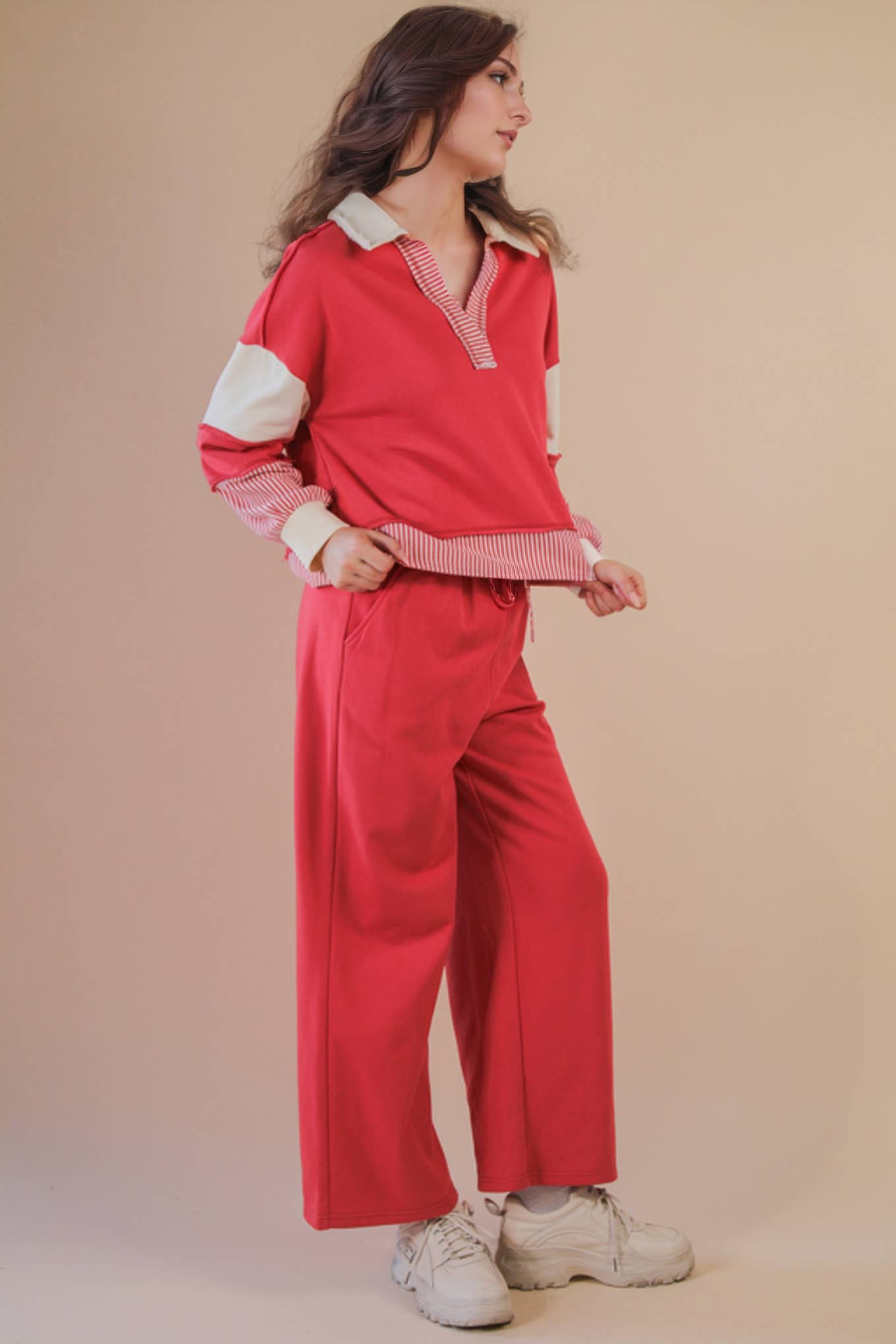 Color Block Casual Knit Top & Pants Set