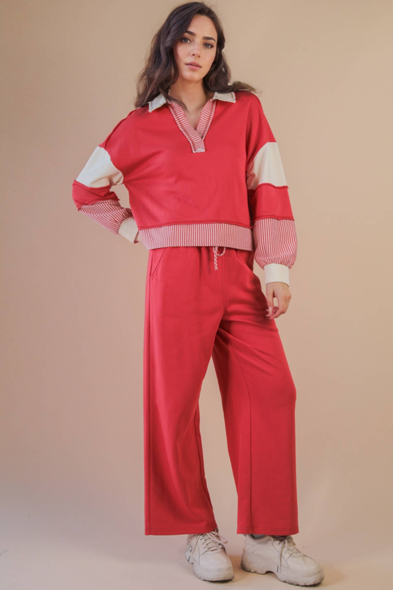 Color Block Casual Knit Top & Pants Set