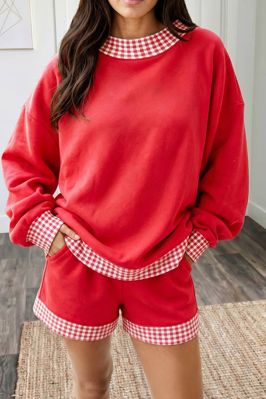 Plaid Print Long Sleeve Crew Neck Top and Shorts Set: Fiery Red