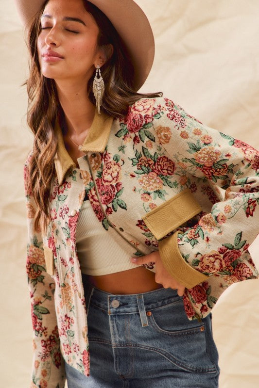Floral Jacquard Corduroy Collar Jacket