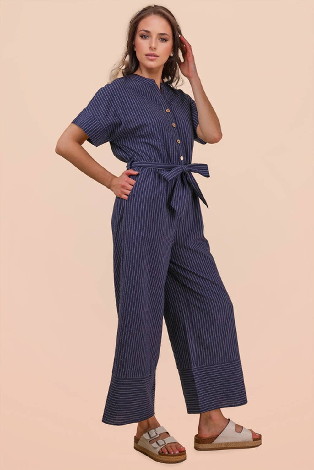 Half Button Down Stripe Linen Woven Jumpsuit: NAVY