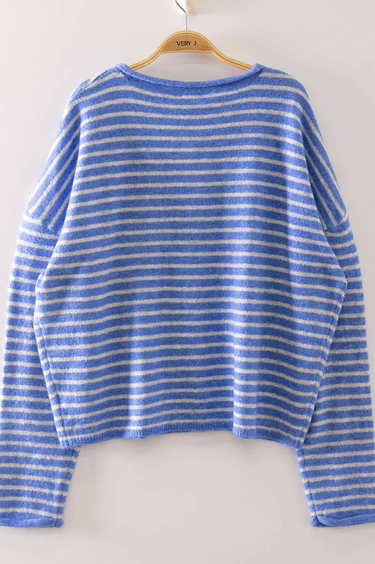 Button Down Stripe Sweater: BLUE