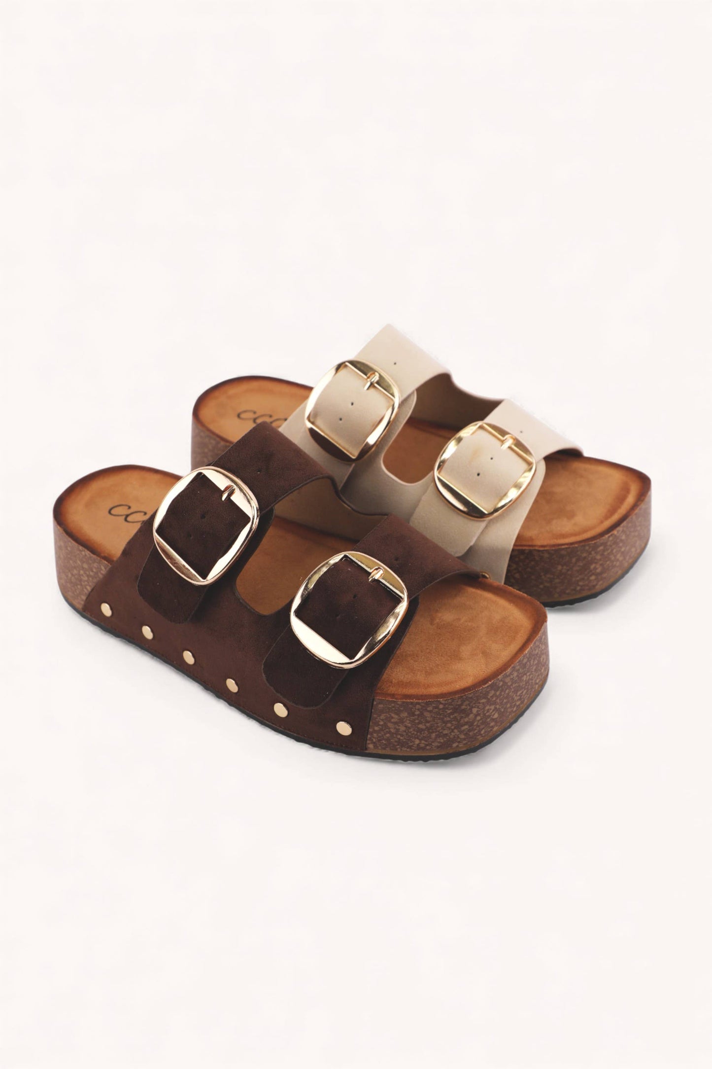NANCY DOUBLE STRAPS WITH BOLD METAL BUCKLES PLATFORM SANDAL: BONE