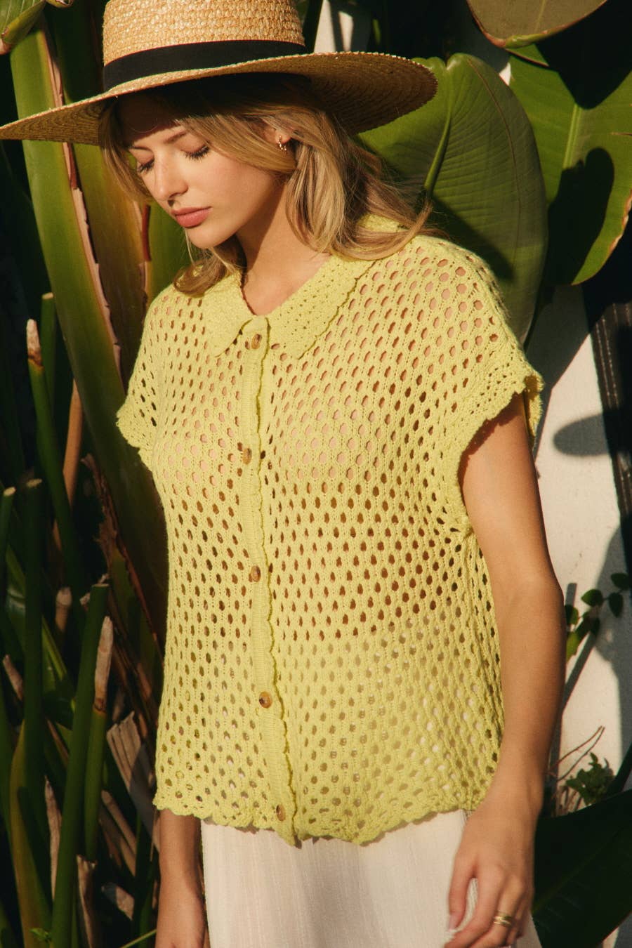 Plus Open-knit Short-sleeve Cardigan: Key Lime