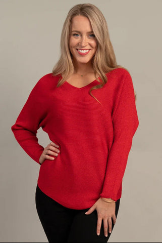 Lurex Ribbed V-Neck Dolman Sleeve Sweater