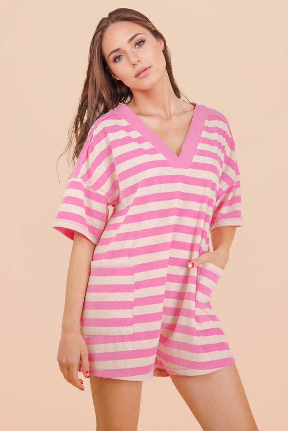 Stripe Casual Knit Romper: PINK/OAT