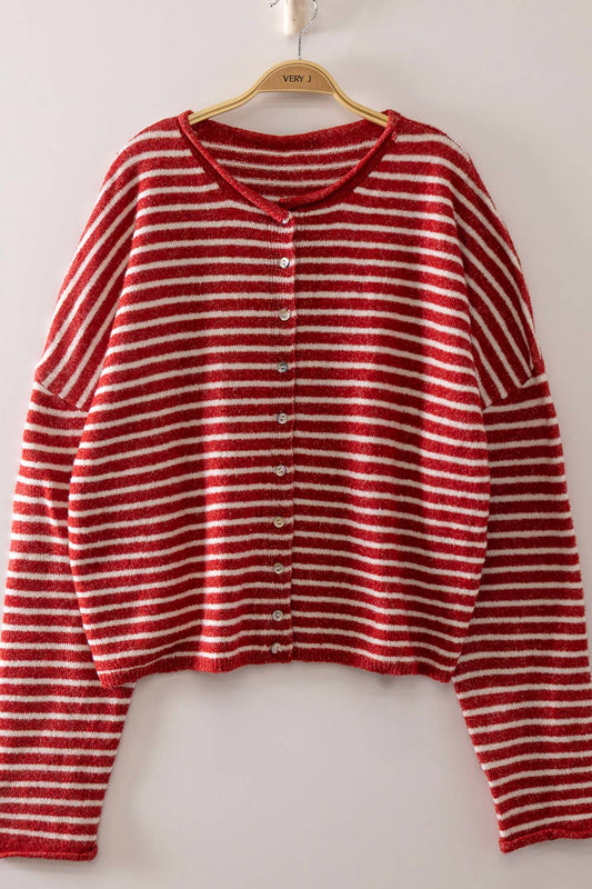 Button Down Stripe Sweater: RED