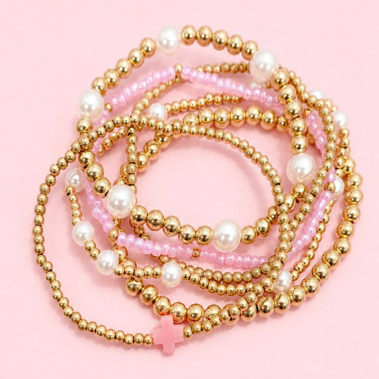 MULTI BALL PEARL BEAD CROSS STRETCHABLE BRACELET |PINK