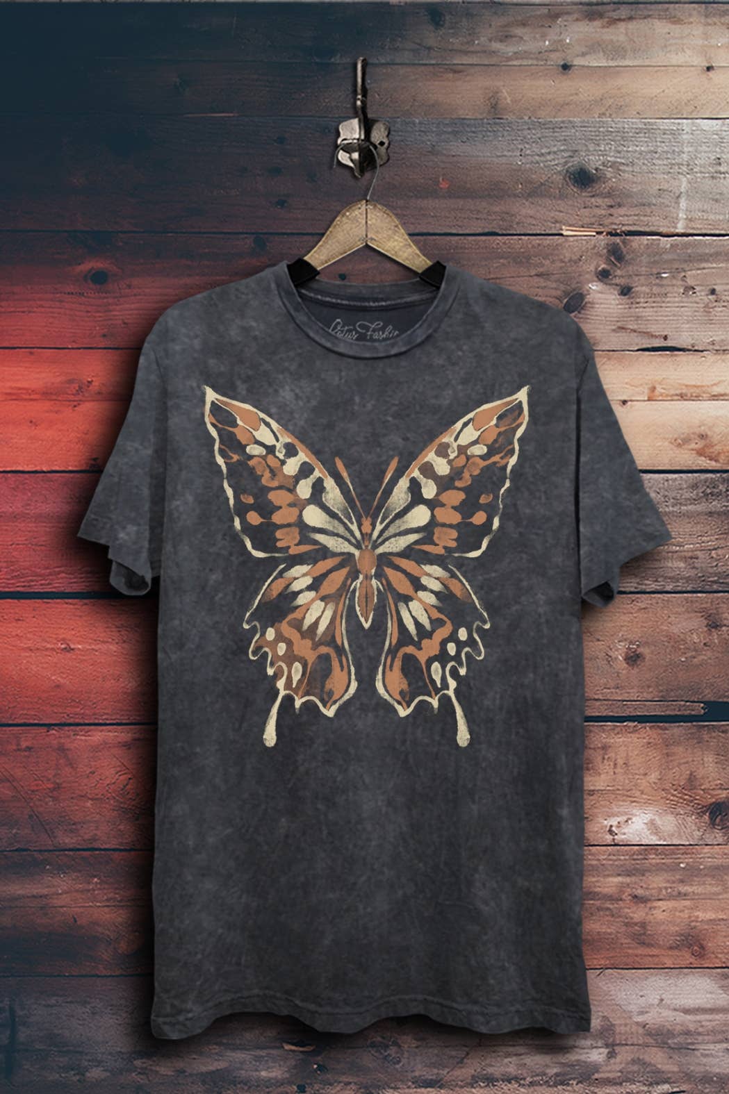 Abstract Butterfly Graphic Top: Stone Gray Mineral Wash