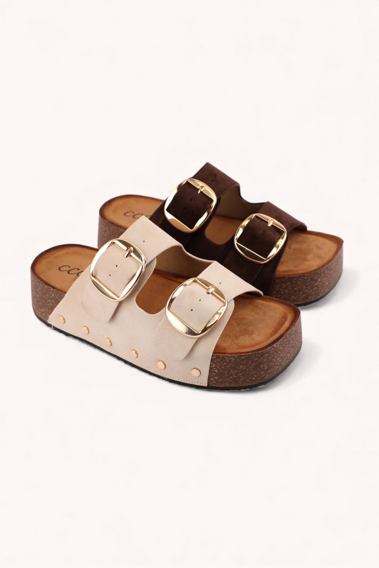NANCY DOUBLE STRAPS WITH BOLD METAL BUCKLES PLATFORM SANDAL: BONE