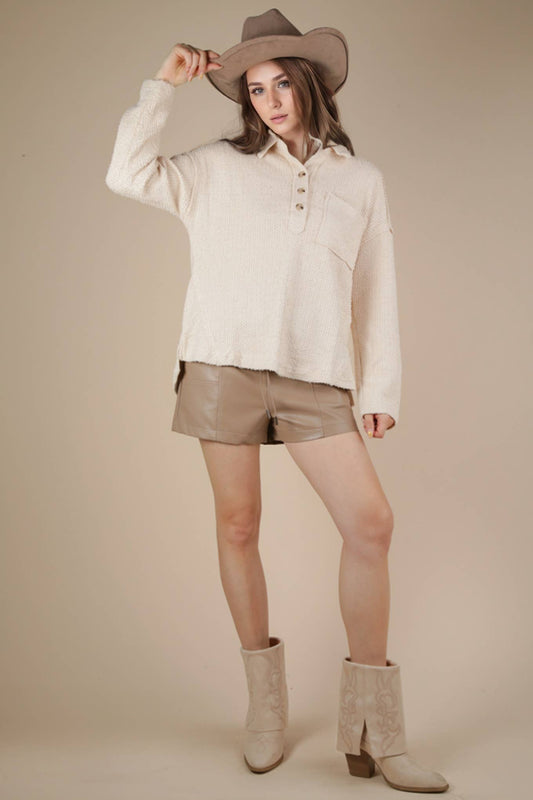 Half Button Down Collared Henley Knit Top