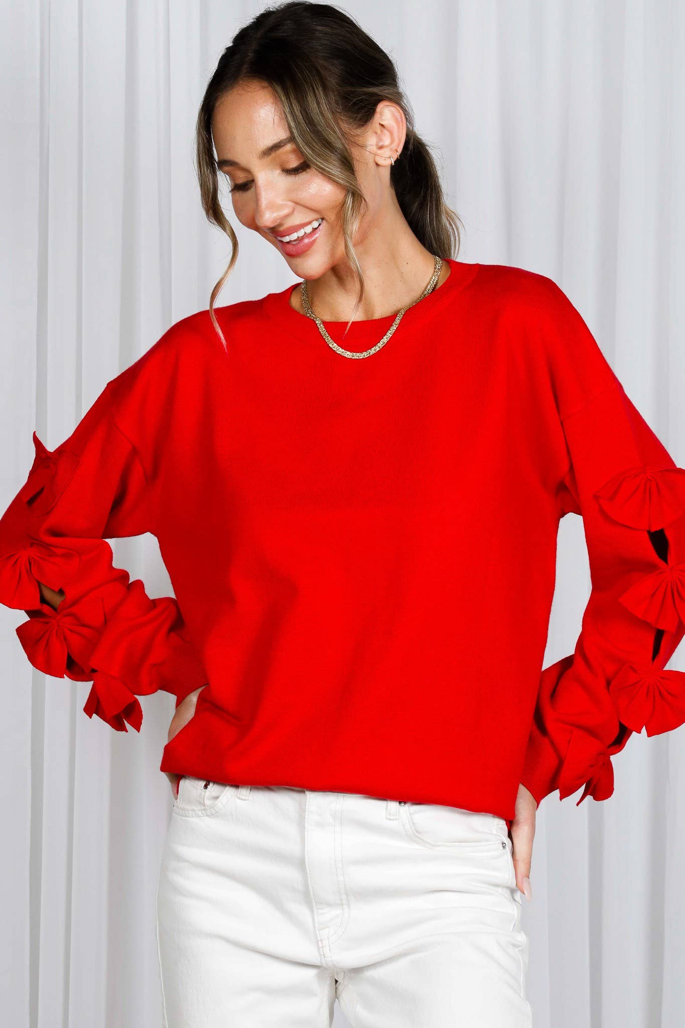 Bow Embellished Crew Neck Long-Sleeve Knit Sweater: Red