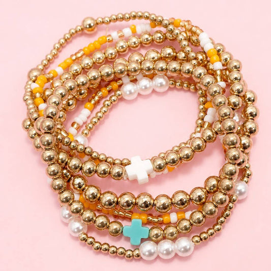 MULTI BALL PEARL BEAD CROSS STRETCHABLE BRACELET |TURQUOISE