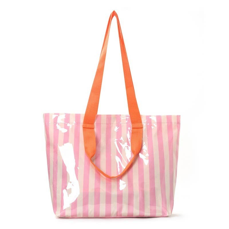 Large Striped Vinyl Tote Bags with Shoulder Strap: Fuchsia Orange