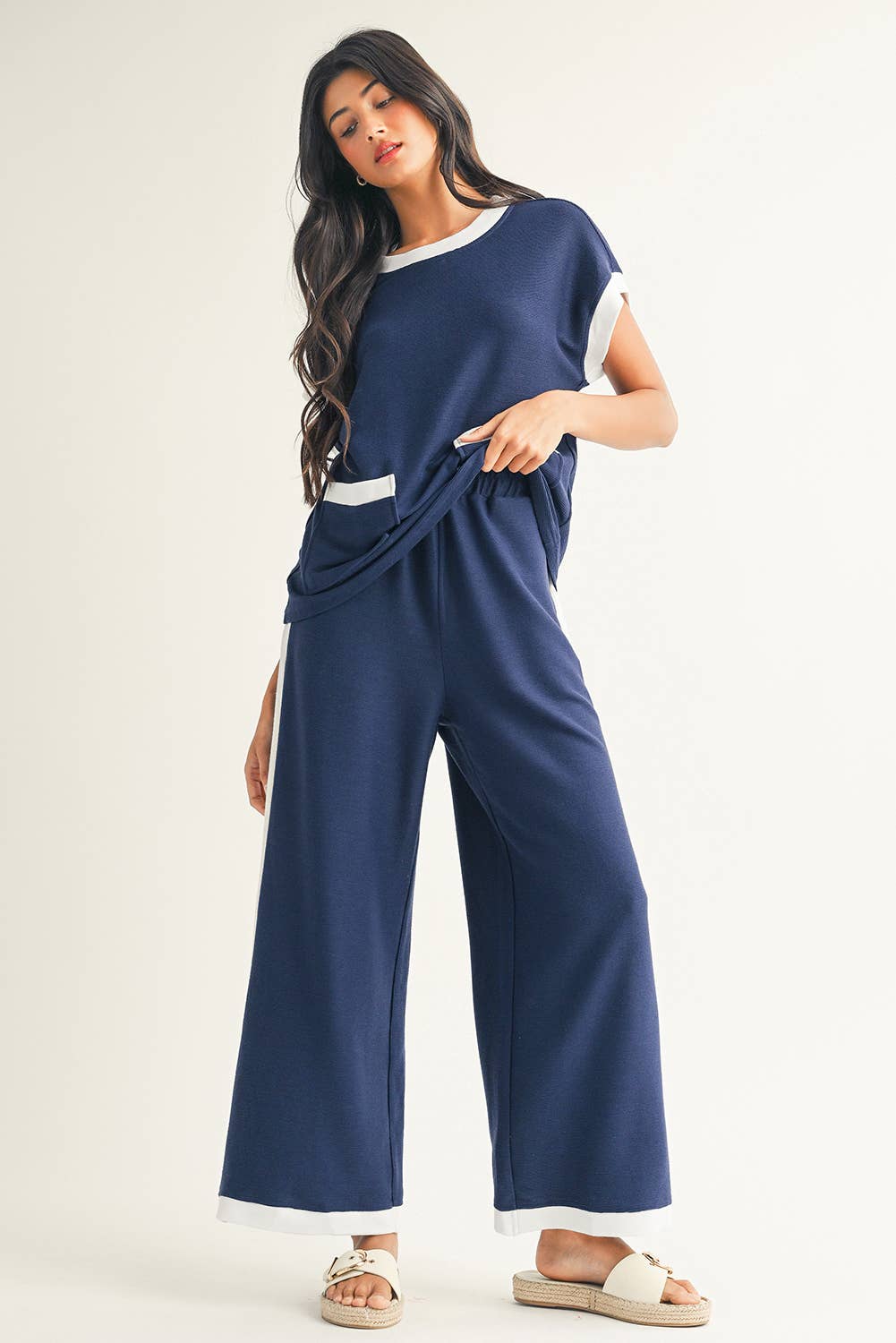 Color Block Pocketed T Shirt and Wide Leg Pants Set