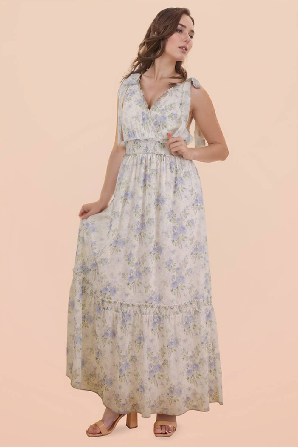 Floral Printed Shoulder Strap Midi Dress: BLUE MIX