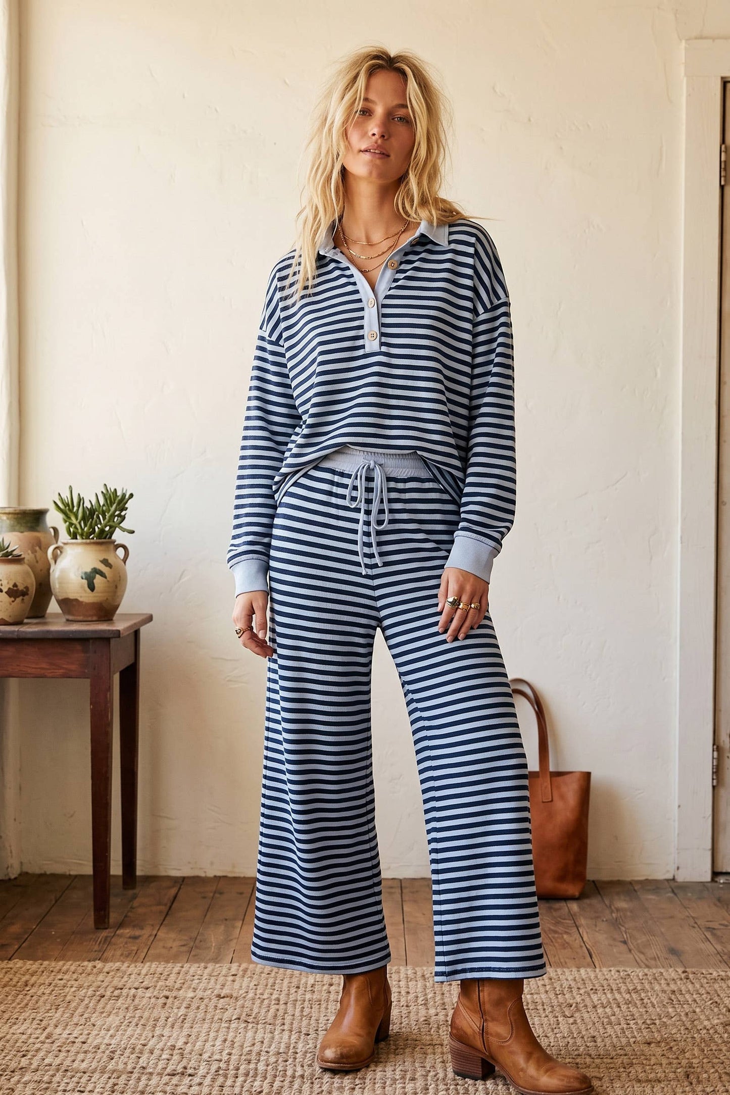 Soft Touch Stripe Wide Leg Set: BLUE/NAVY