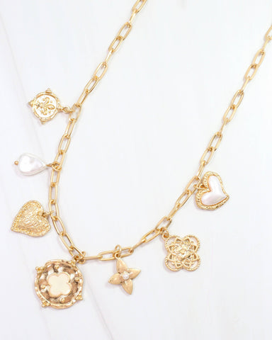 Nolen Charm Necklace Worn Gold