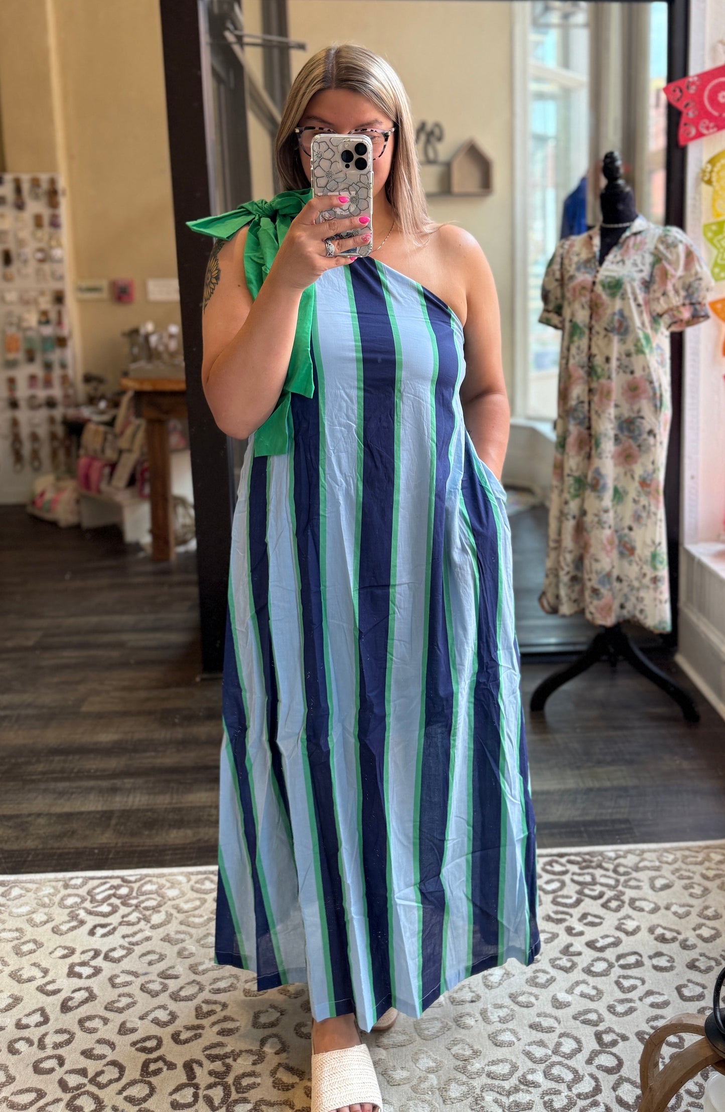 Striped One Shoulder Dress w/Bow