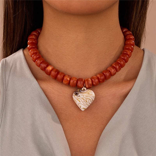 Heart Pendant Resin Beaded Necklaces |BROWN