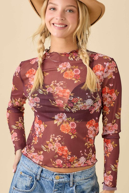Floral Long Sleeve Mesh Top