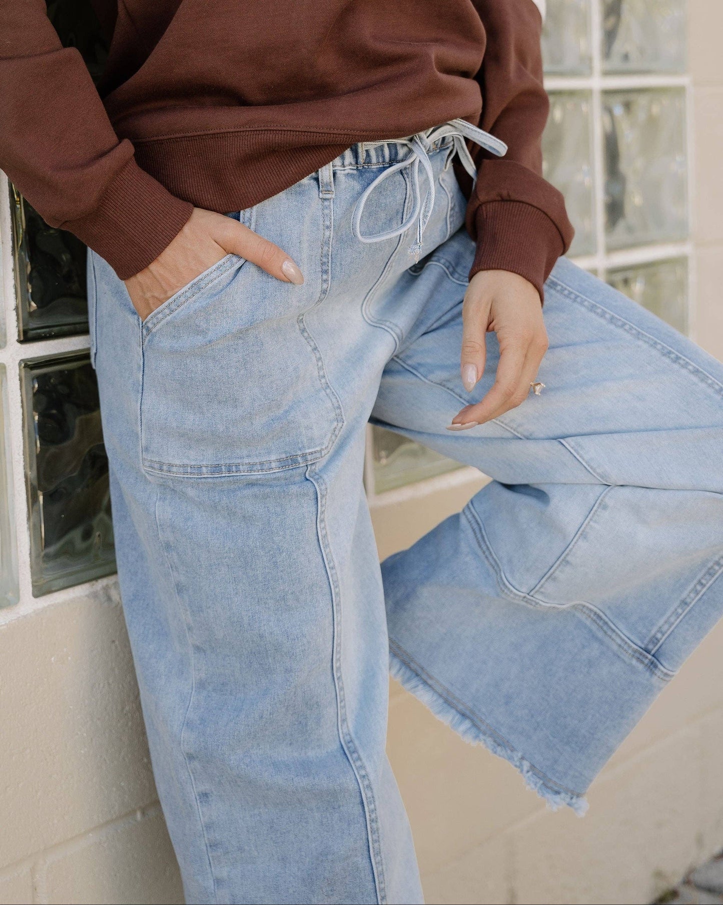 Beau Blue Wide Leg Jeans Drawstring Waist Jeans Raw Hem