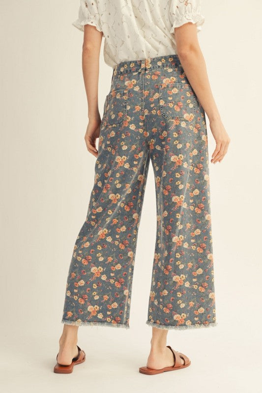 Distressed Hem Floral Denim Pants