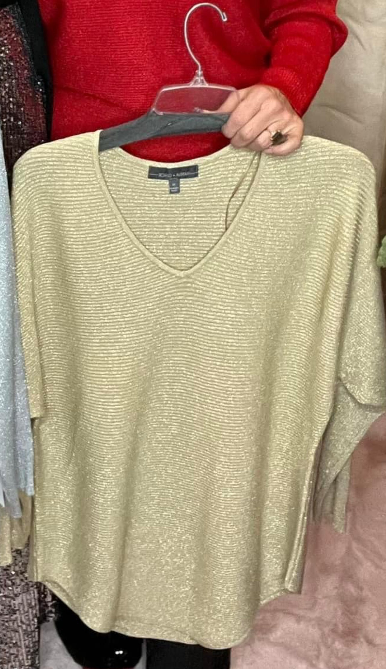 Lurex Ribbed V-Neck Dolman Sleeve Sweater