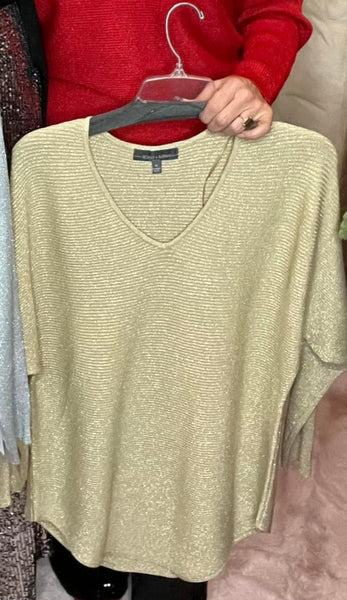 Lurex Ribbed V-Neck Dolman Sleeve Sweater