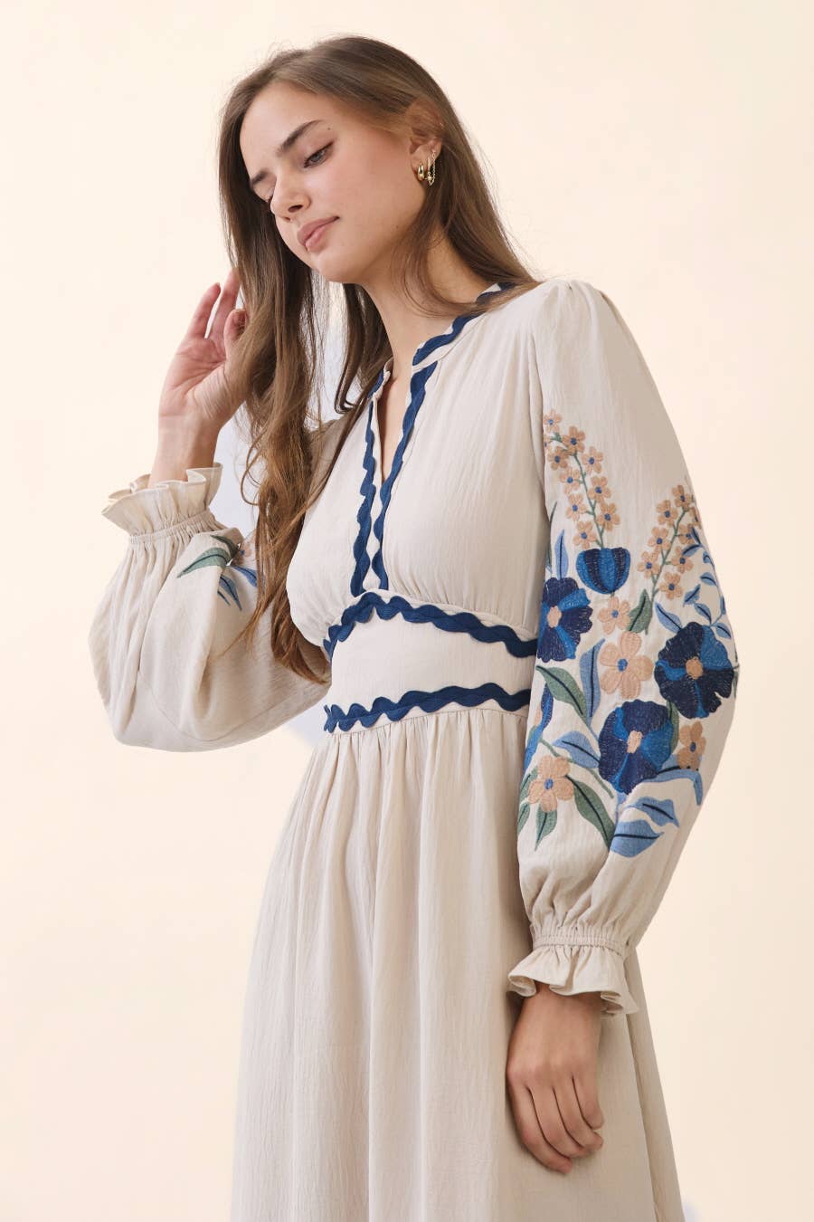 Embroidered Tiered Midi Dress: ECRU